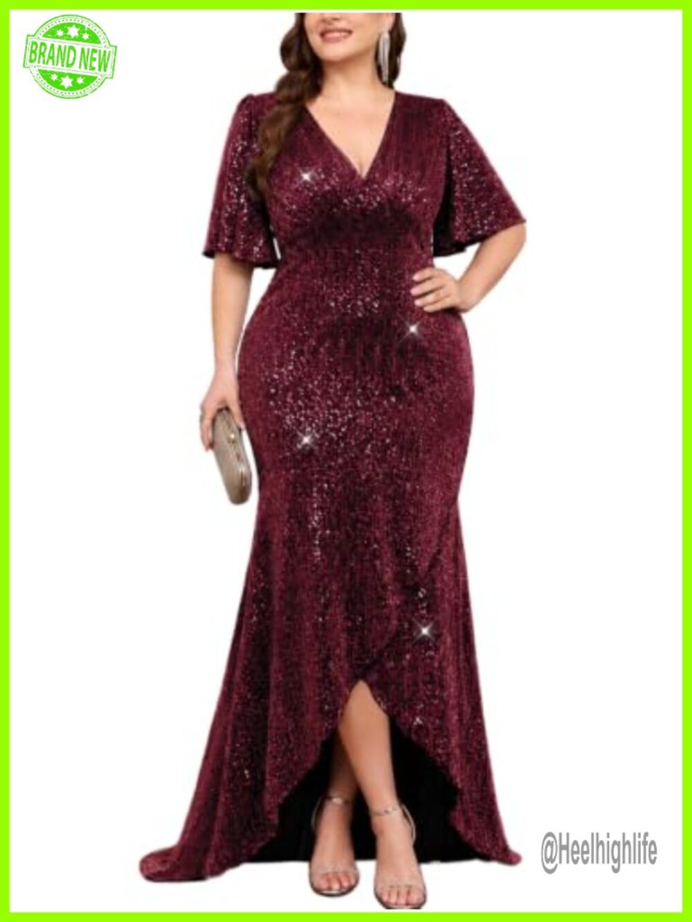 Plus Size Sequin Formal Evening Dress V Neck Ruffle Sleeve High Low Mermaid